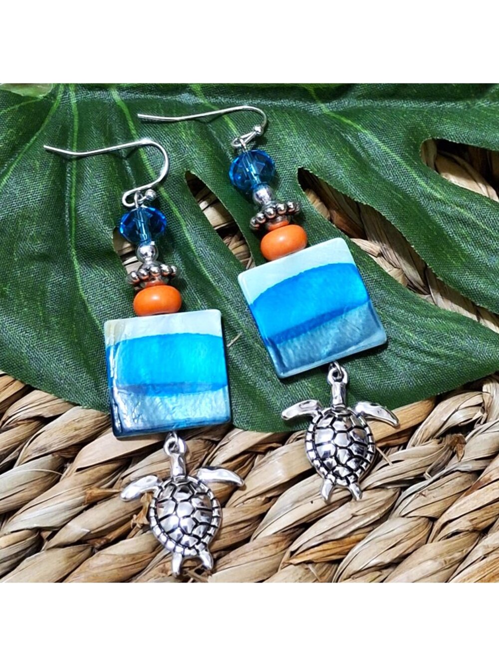 Artisan Hand Crafted Earrings, Turtles Silver Aqua Blue Orange Shell, Pierced
